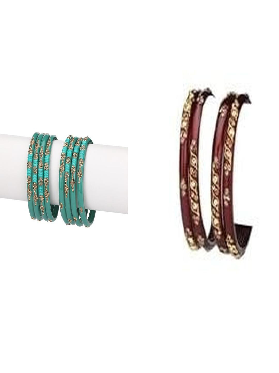 1ST TIME Set Of 2 Bule & Marron Glass Artificial Stones & Beads Bangles