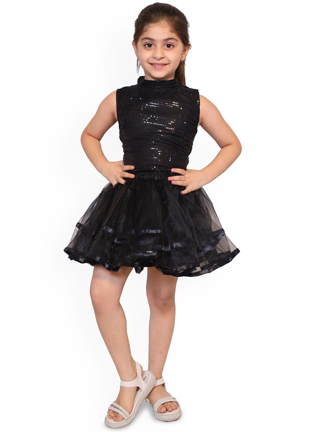 Kaku Fancy dresses Girls High Neck Sleeveless Embellished Fitted Top