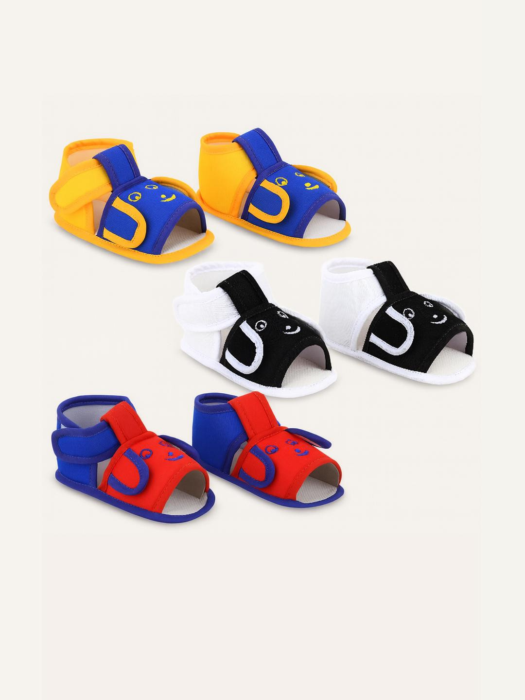 ONFEET Unisex Kids Set Of 3 Blue and Black and Red Solid Velco Cotton Booties