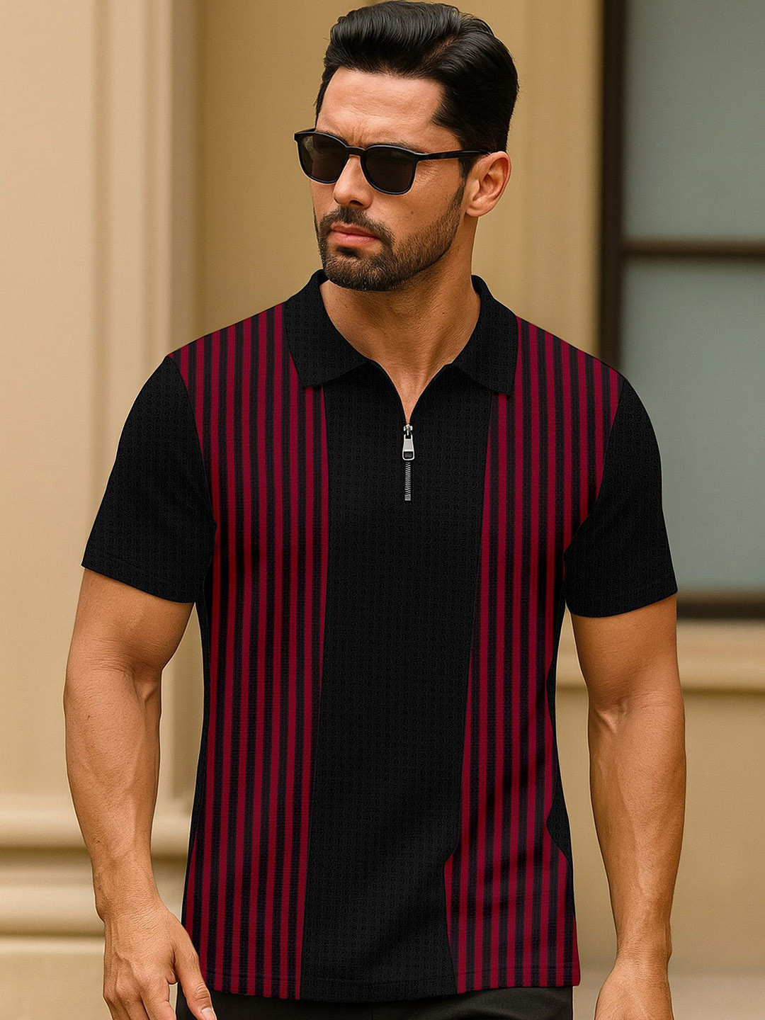 KAJARU Striped Polo Collar Regular Sleeves Regular Fit T-shirt