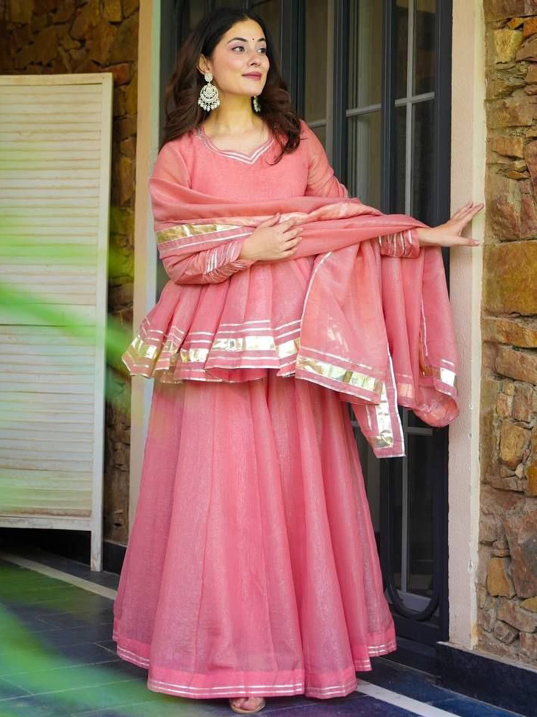 MARQUISA Women Gotta Patti Detail Long Sleeve A-Line Kurti Set With Dupatta