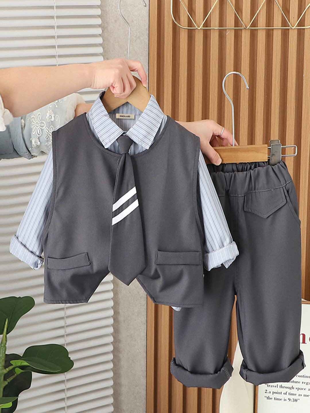 INCLUD Boys Striped Waistcoat With Shirt & Neck-tie & Pants