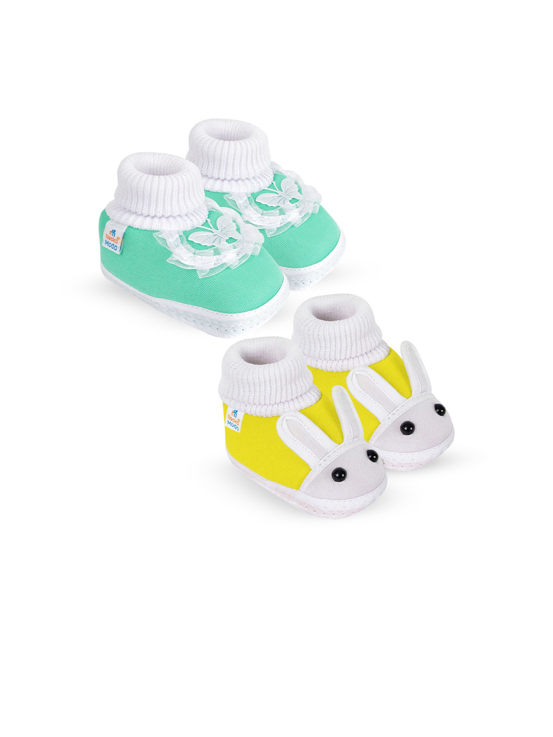 NESKA MODA Girls Set Of 2 Green & Yellow Bunny & Butterfly Slip On Cotton Booties
