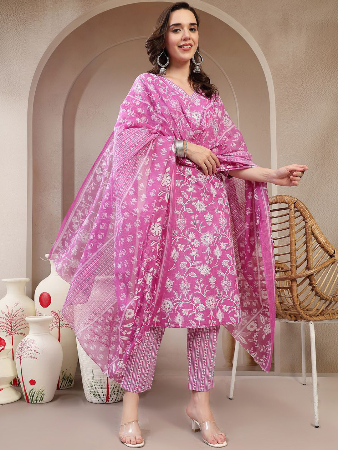 Moda Rapido Women Stylish Pure Cambric Cotton Kurta Pant Dupatta Set Kurta Sets