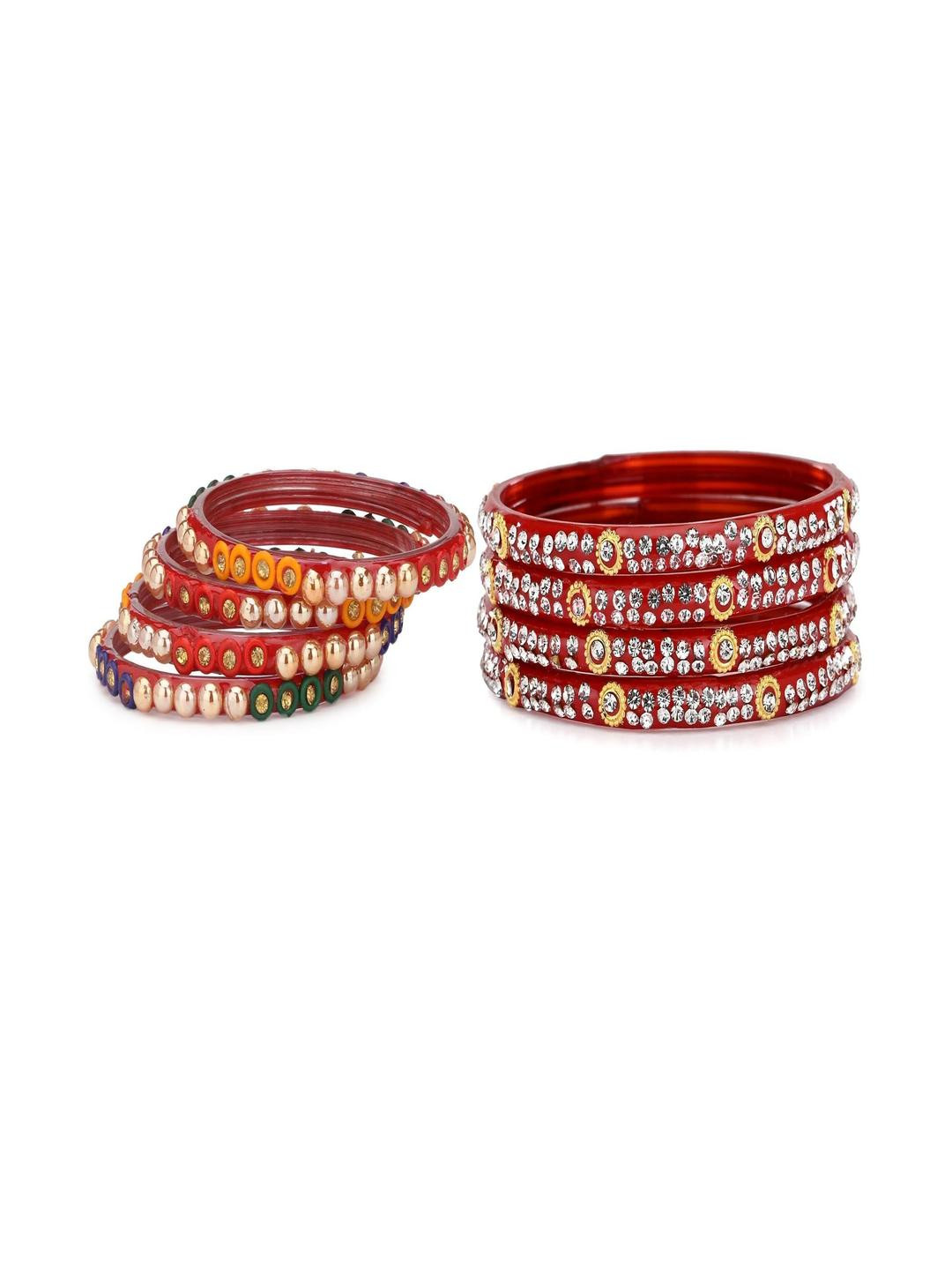 1ST TIME Combo of 2 Red & Multi Colored Stone-Studded Bangles Set