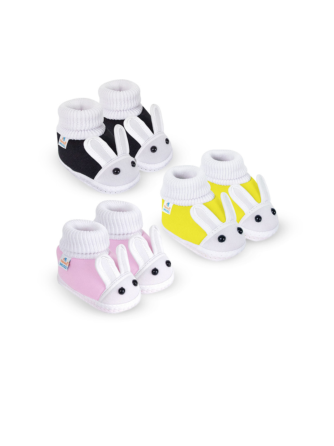 NESKA MODA Kids-Unisex Pack Of 3 Rabbit Face Design Slip On Casual Cotton Booties