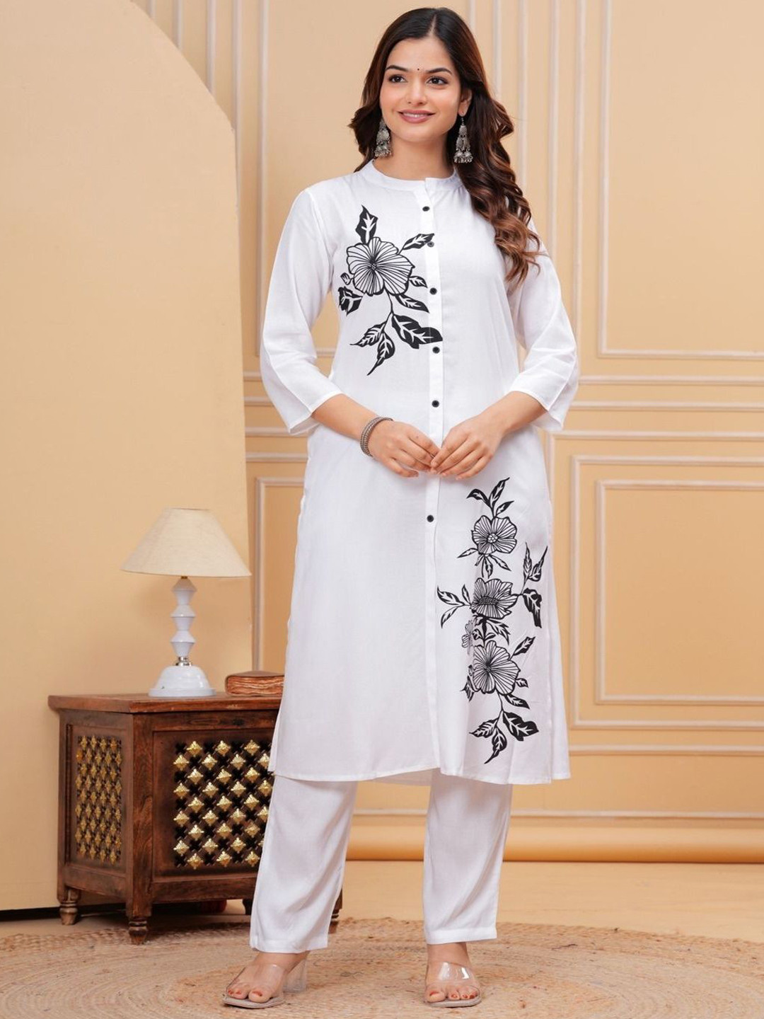 ZELA Floral Printed Mandarin Collar A-Line Kurta With Palazzos