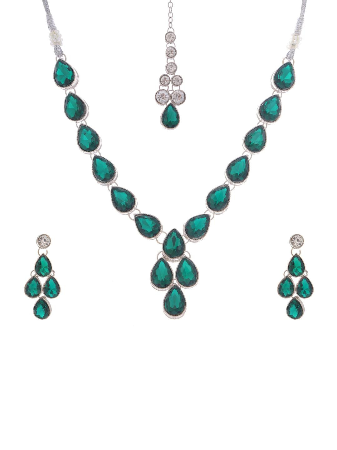 EIT Collection Women Elegant Green Zirconic Necklace Earrings & Mangtika