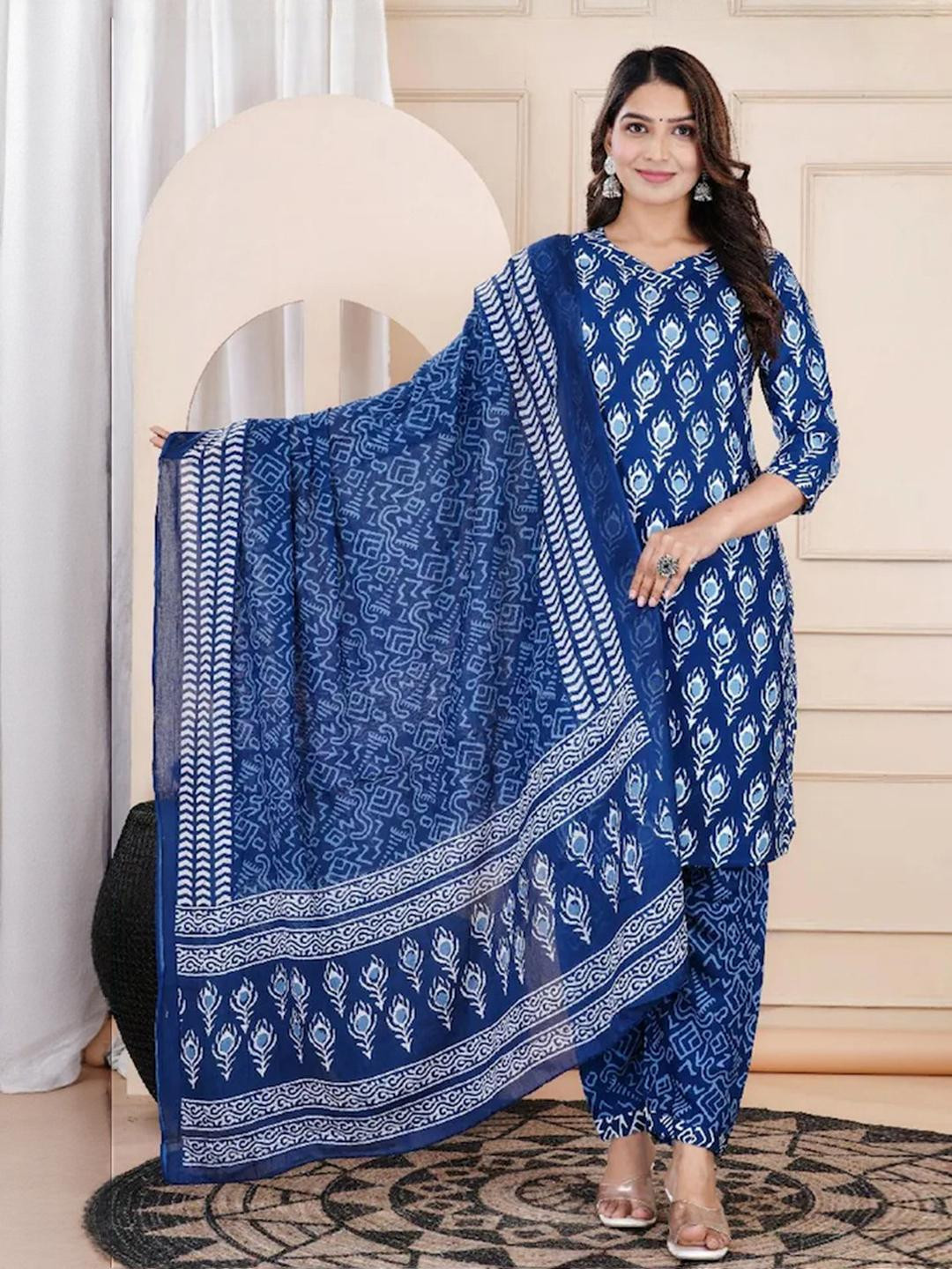 Ethnic basket Women Blue Cotton Blend Kurta Sets With Dupatta