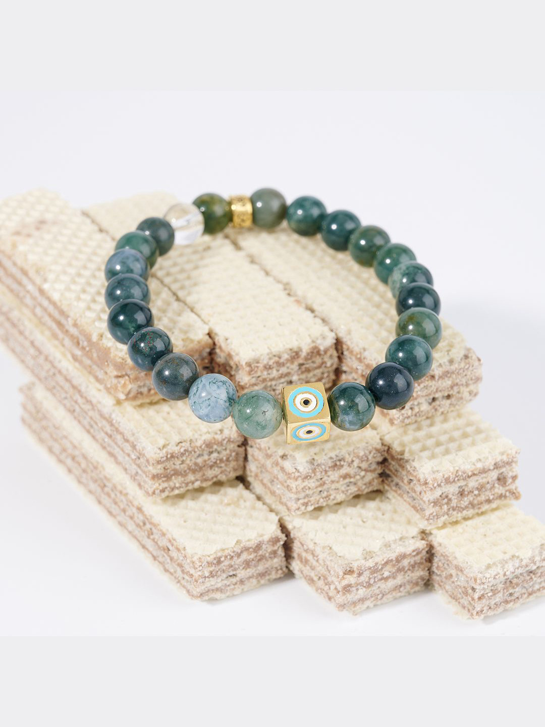 Stone Story By Shruti Unisex 925 Silver Gold-Plated Moss Agate Beaded Bracelet