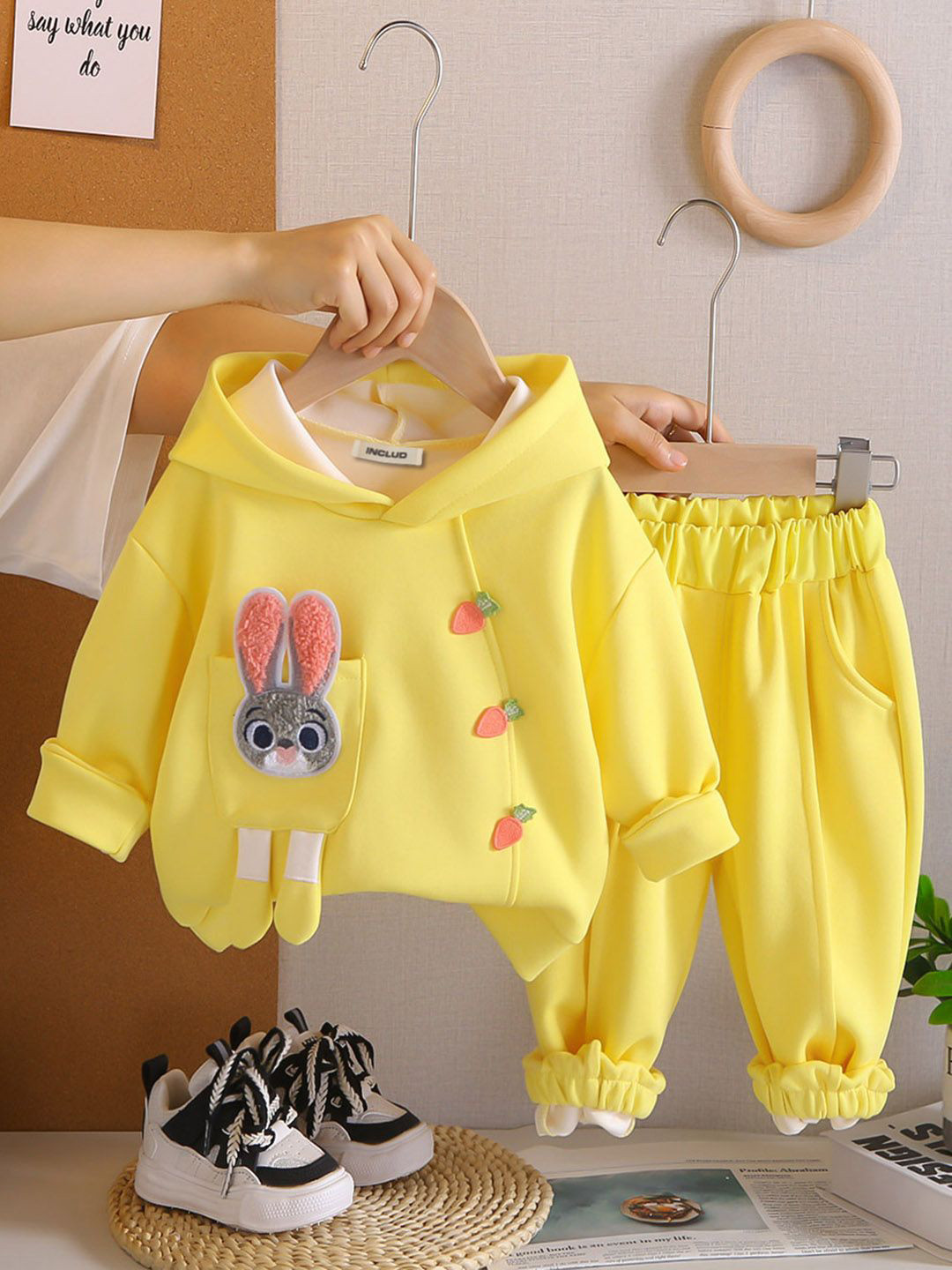 INCLUD Girls Cotton Solid Rabbit Applique Hooded Sweatshirt With joggers Set