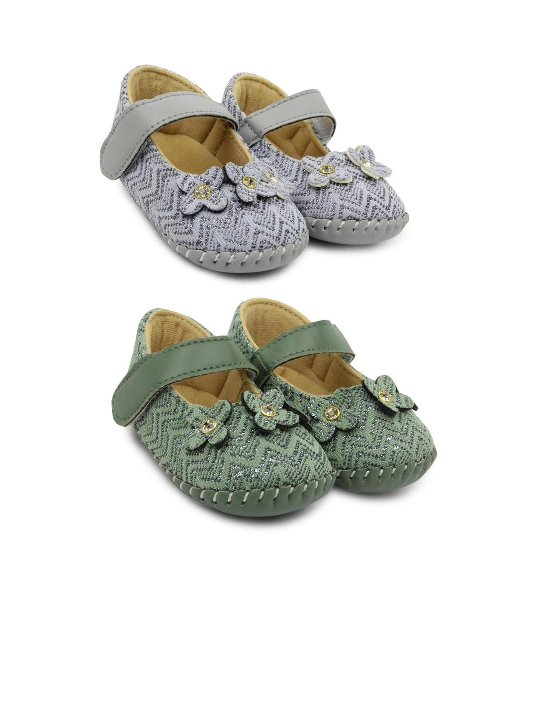 NESKA MODA Girls Pack Of 2 Grey And Green Synthetic Leather Floral Party Booties