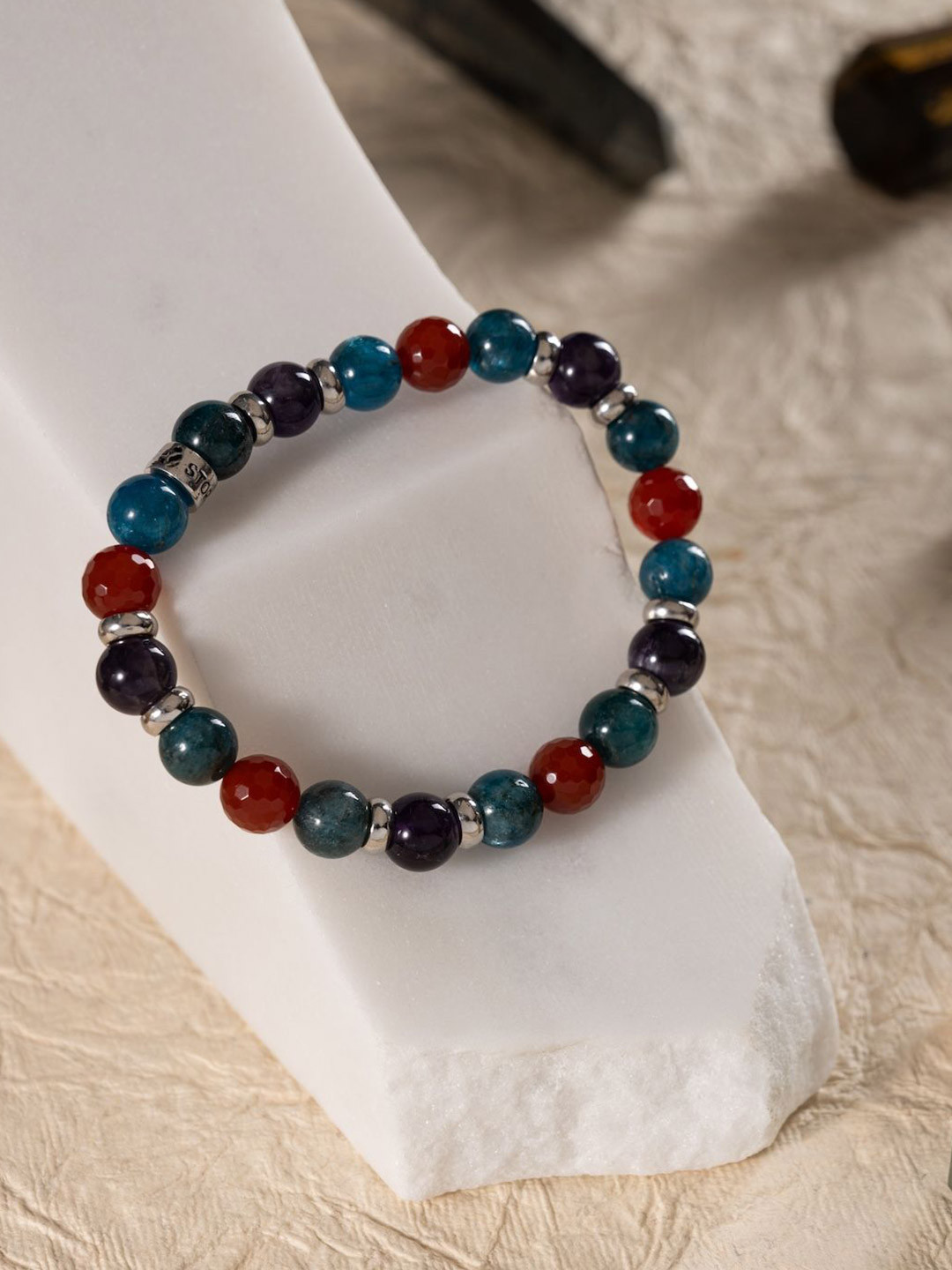 Stone Story By Shruti Unisex 925 Silver Rhodium-Plated Apatite Amethyst Beaded Bracelet