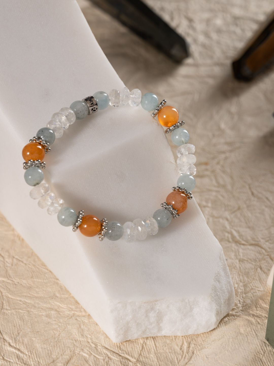 Stone Story By Shruti Sterling Silver Carnelian Aquamarine moonstone Beaded Bracelet
