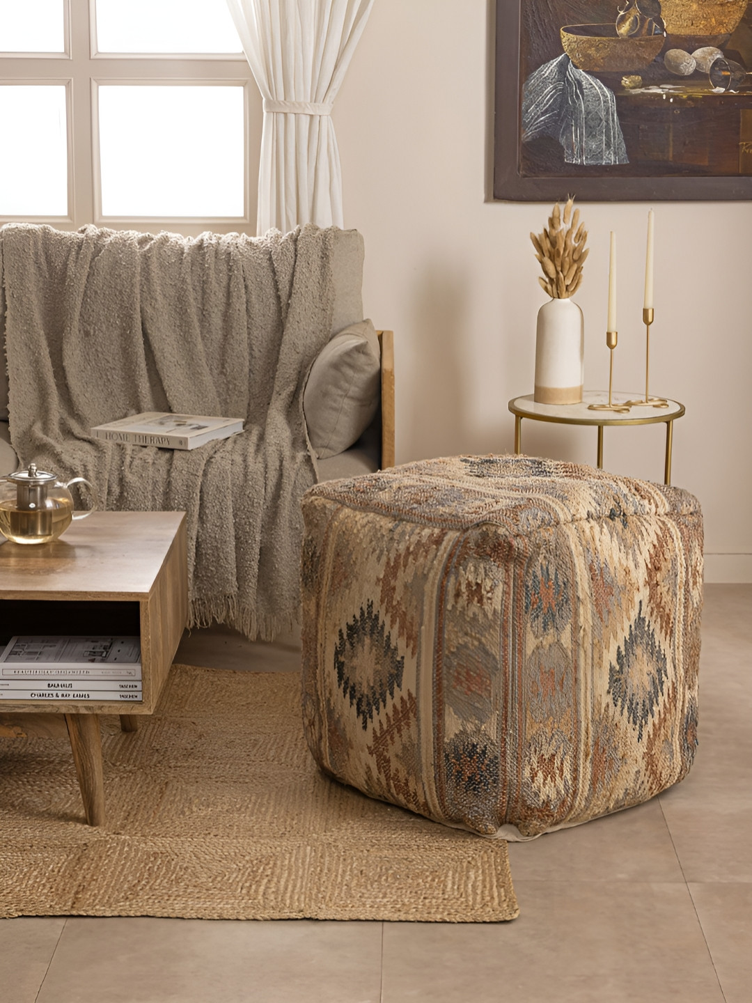 THEGASBH Roma Beige & Brown Textured Square Shaped Tufted Ottoman