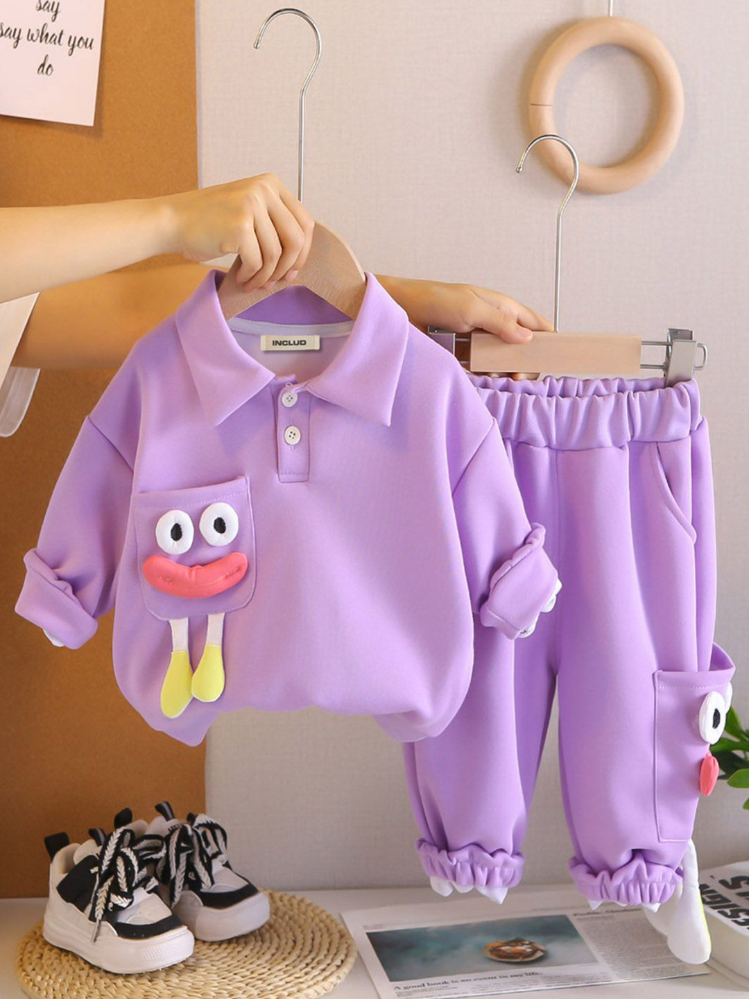 INCLUD Girls Self Design Polo Neck Sweatshirt With Joggers