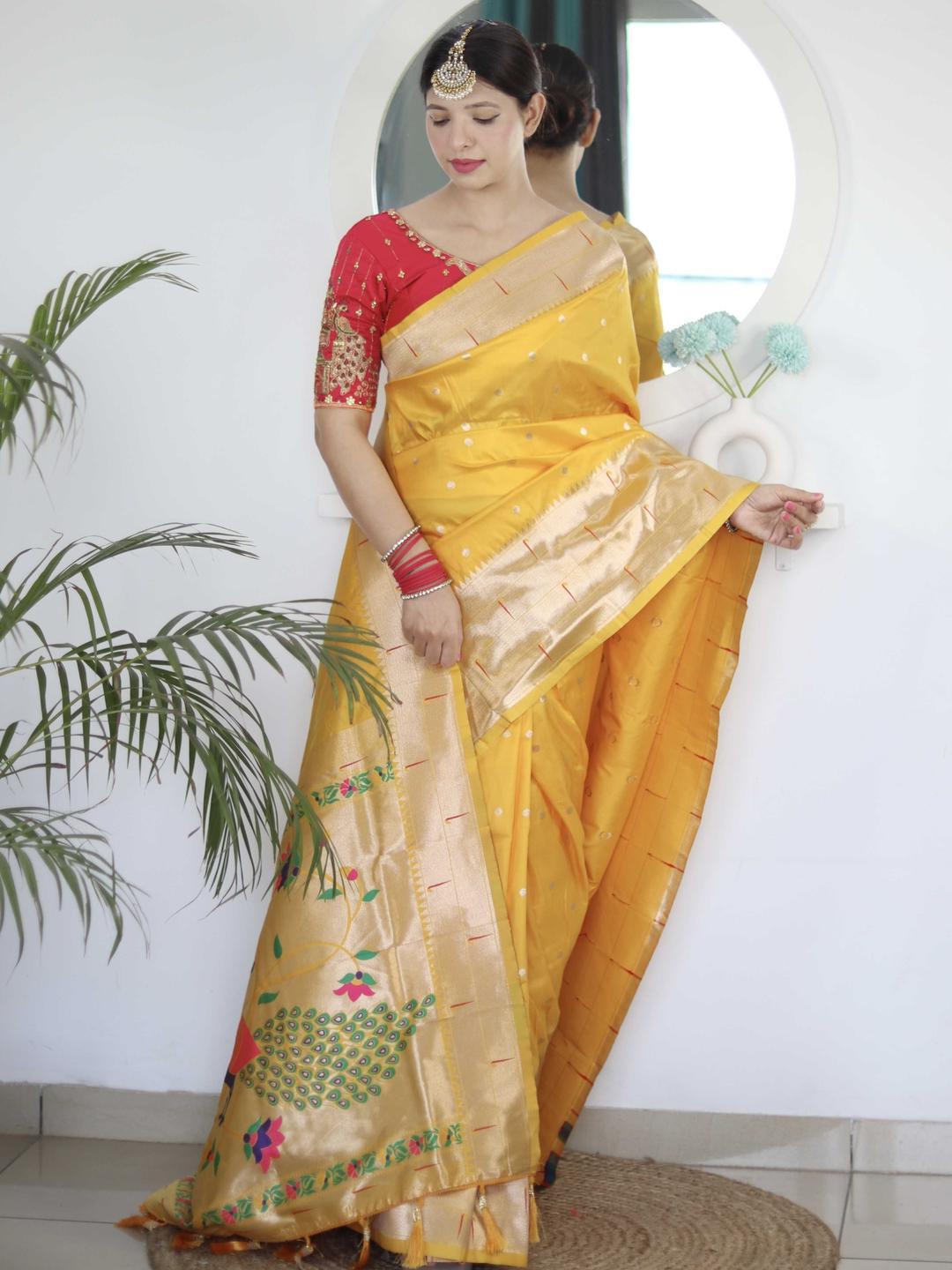 KALINI Yellow Paithani Silk Saree With Unstitched Blouse Piece