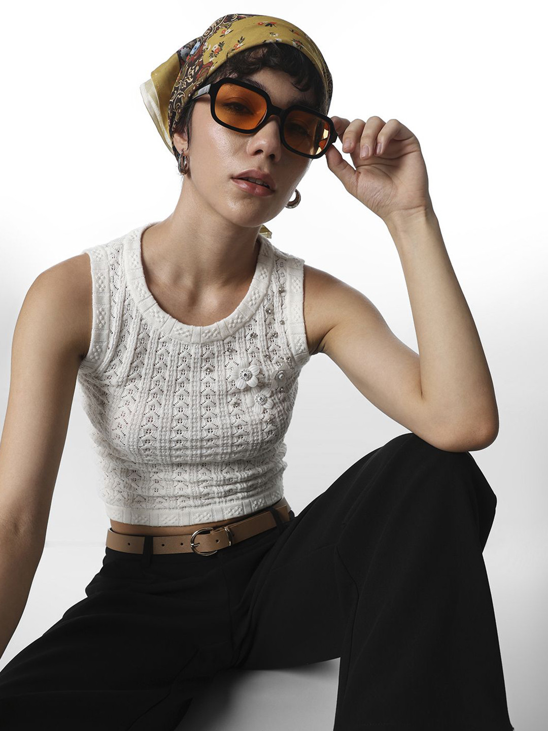 ONLY Women Geometric Self Design Round Neck Cotton Corsage Tank Top
