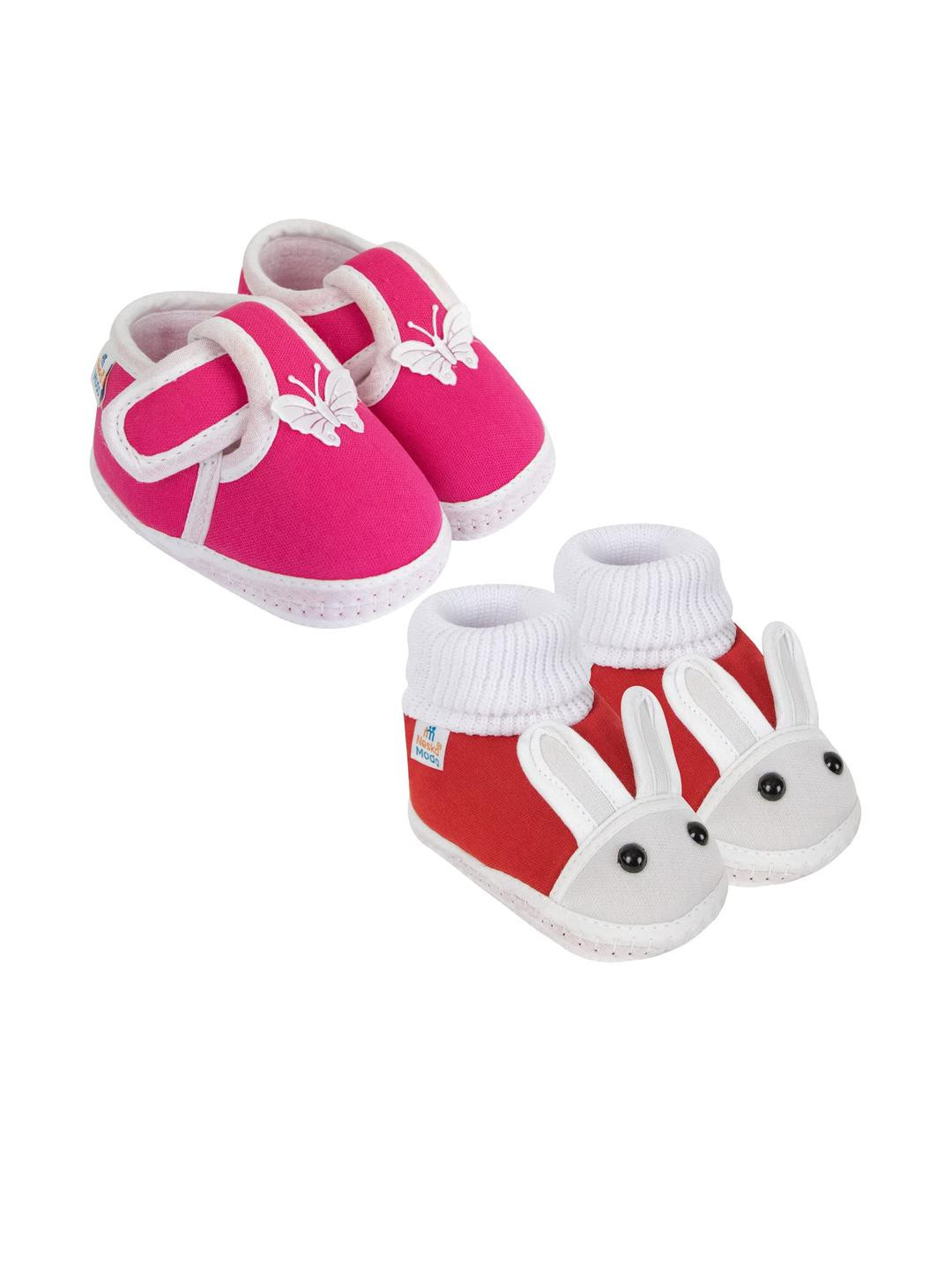 NESKA MODA Kids 2 Pair Rani Pink & Red Cotton Rabbit & Butterfly Booties
