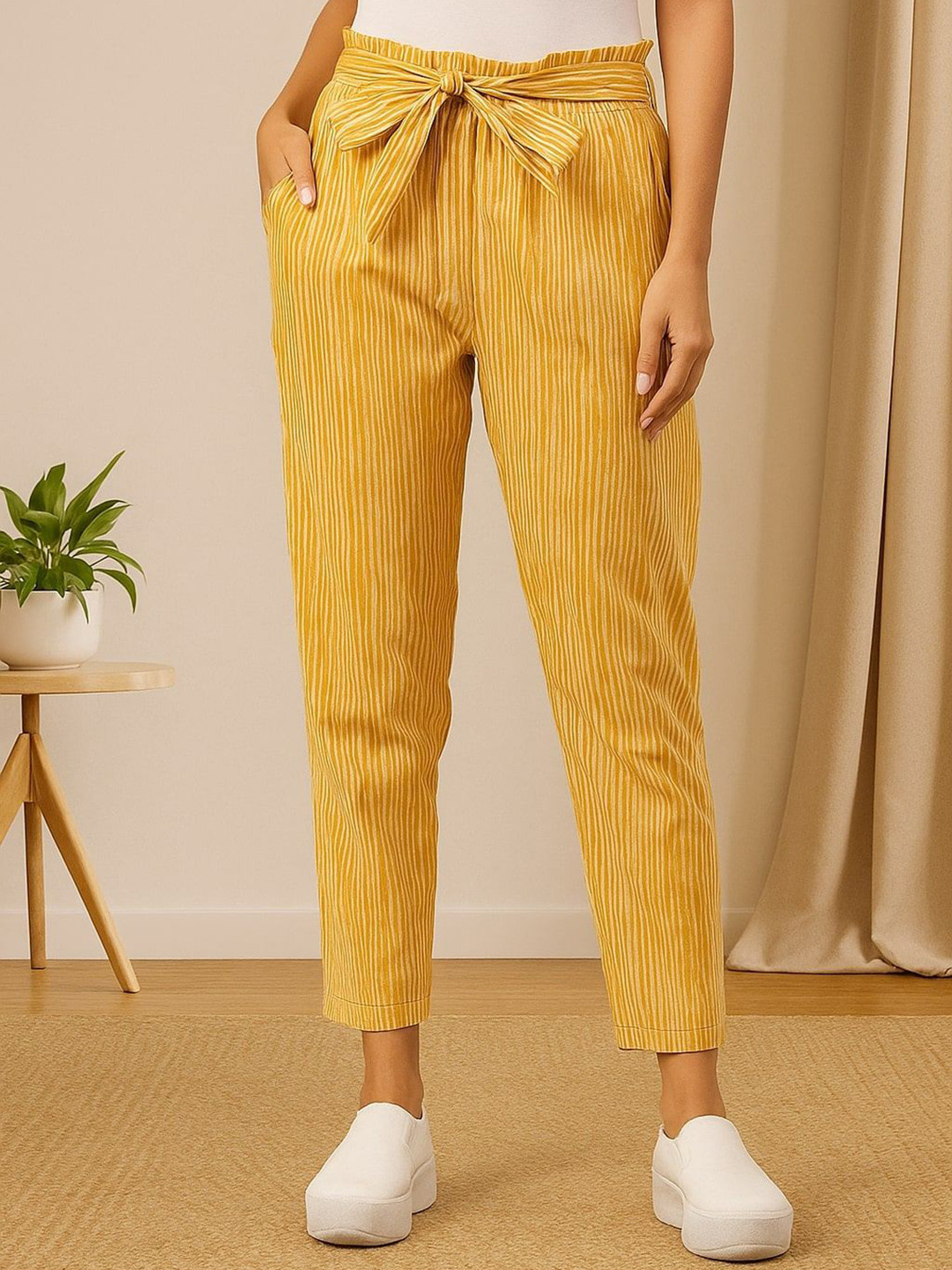 R.Code by The Roadster Life Co. Women Striped Tapered Fit High-Rise Cotton Peg Trousers