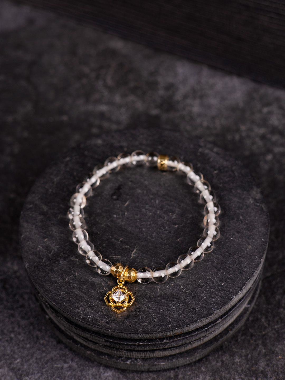 Stone Story By Shruti Unisex 925 Silver Gold-Plated Clear Quartz Beaded Bracelet