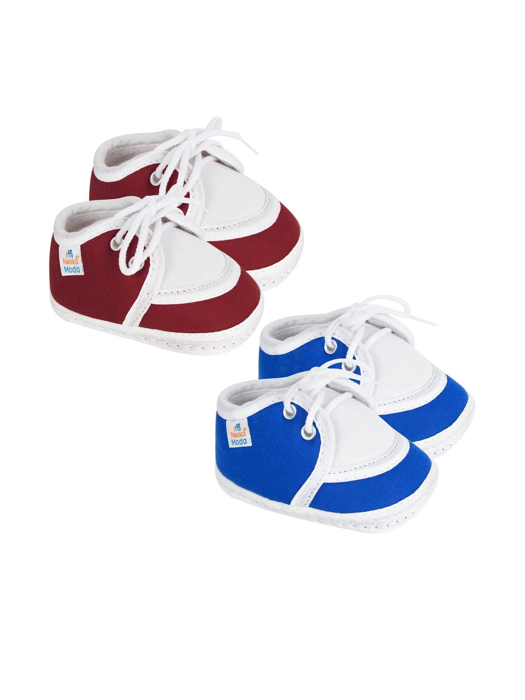 NESKA MODA Unisex Kids Pack of 2 Blue & Maroon Solid Cotton Booties