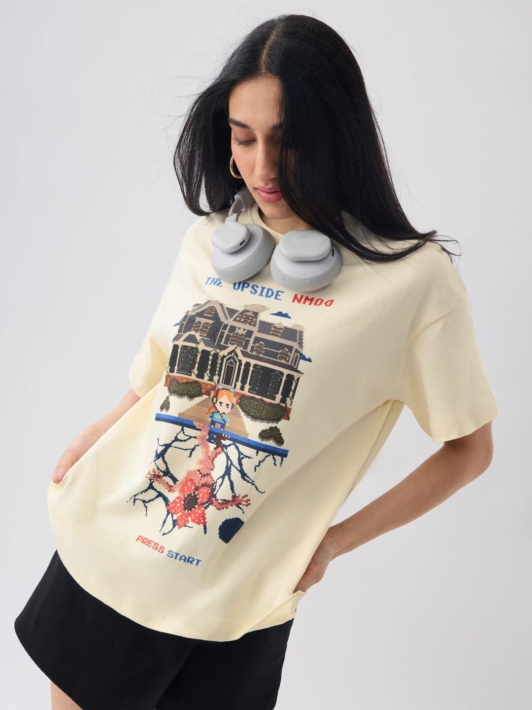 The Souled Store Stranger Things Pixel Graphic Printed Pure Cotton Oversized T-Shirt