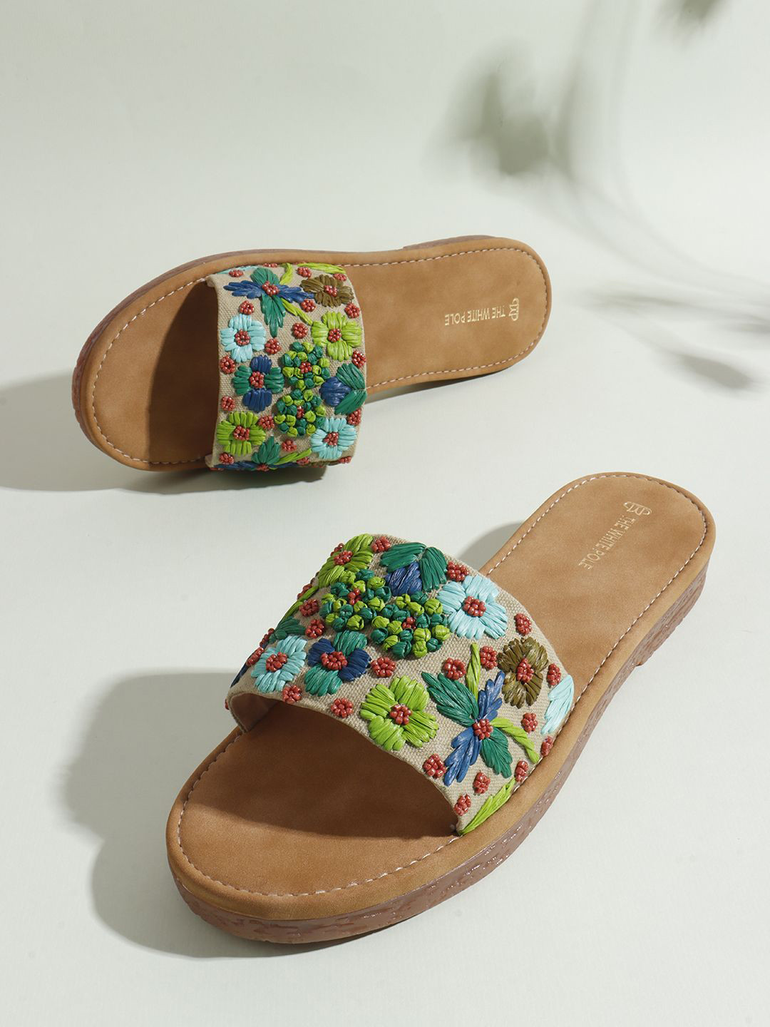 THE WHITE POLE Women Slip-On Open Toe Flats with Embroidered