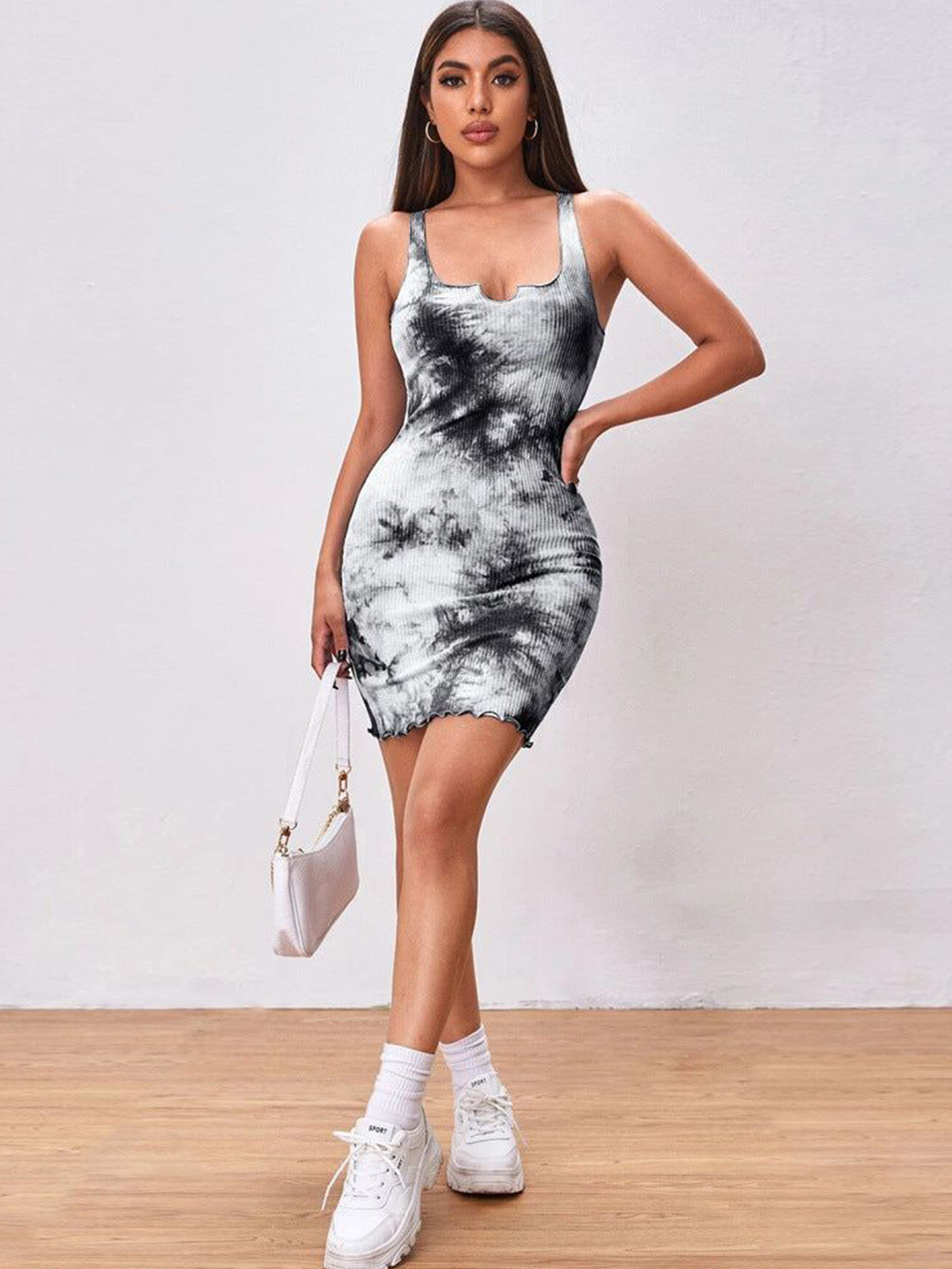 Outzidr Women Tie and Dye Shoulder Straps Bodycon Mini Dress