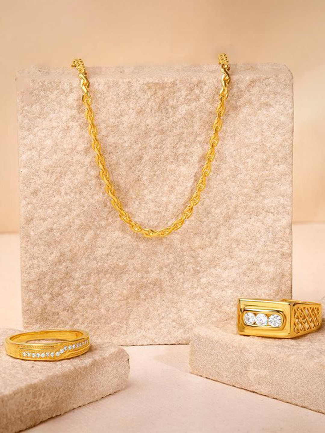 GIVA Men 925 Silver Gold-Plated Cubic Zirconia Studded Chain And Ring Jewellery Set