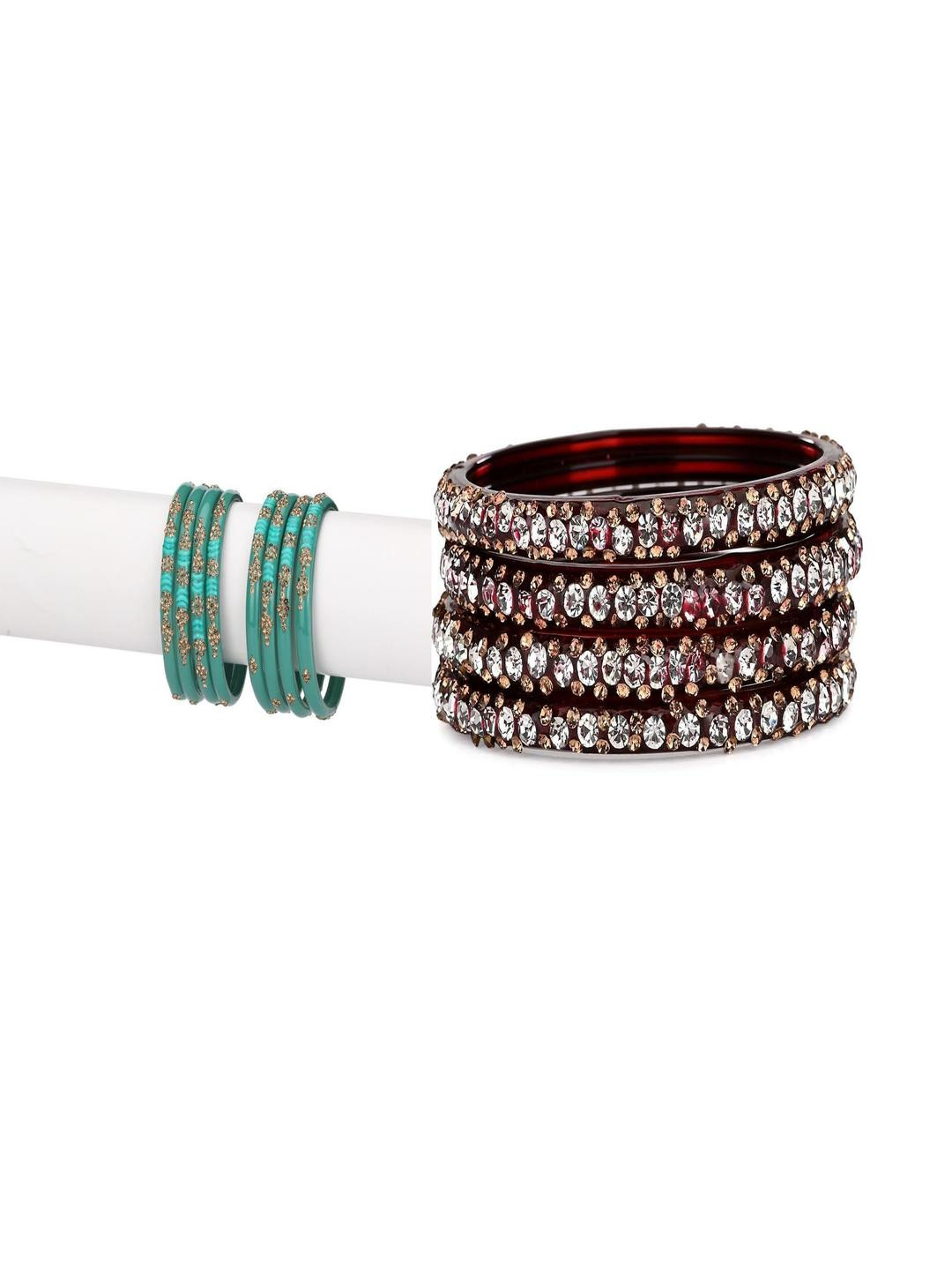 1ST TIME Combo of 2 Turquoise Blue & Maroon Stones Studded Bangles Set