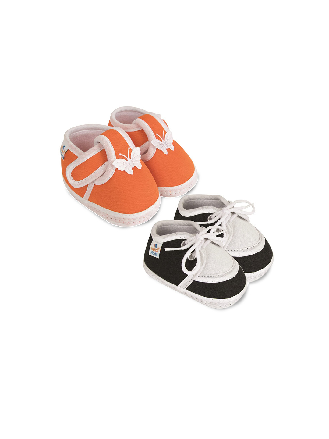 NESKA MODA Unisex Kids Set Of 2 Orange & Black Butterfly Lace Ups Cotton Booties
