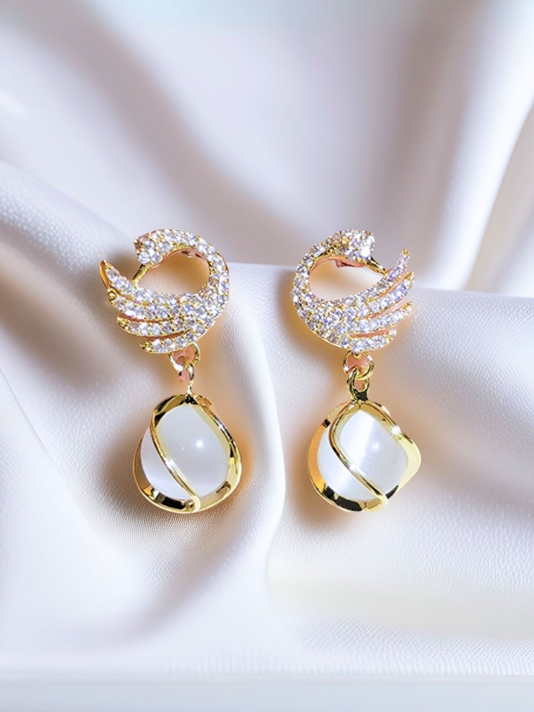 COOLWOOL Gold Plated Artificial Stones Studded And Beaded Korean Animal Drop Earrings