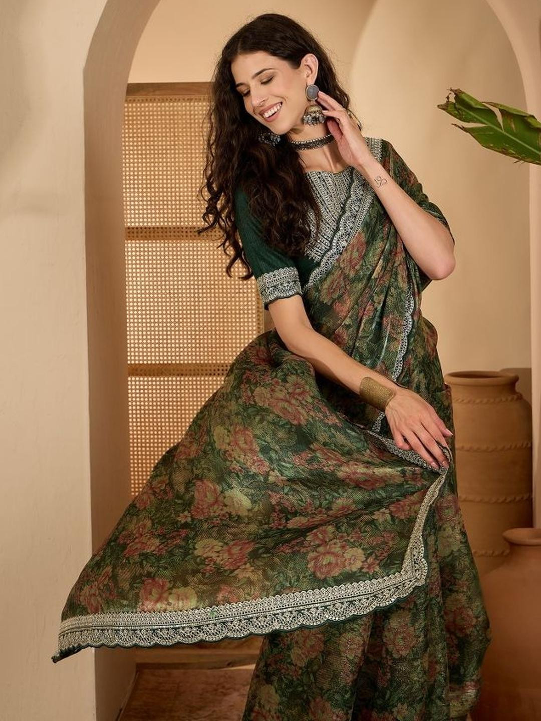 Sangria Floral Printed with Embroidered Lace Border Saree & Unstitched Blouse