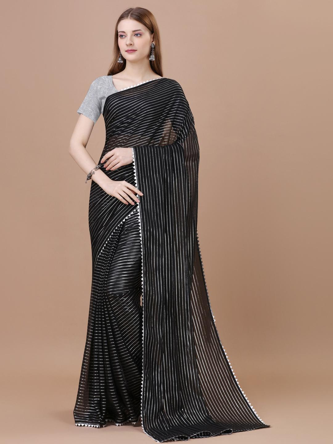 REDFISH Striped Zari Embroidered Sarees