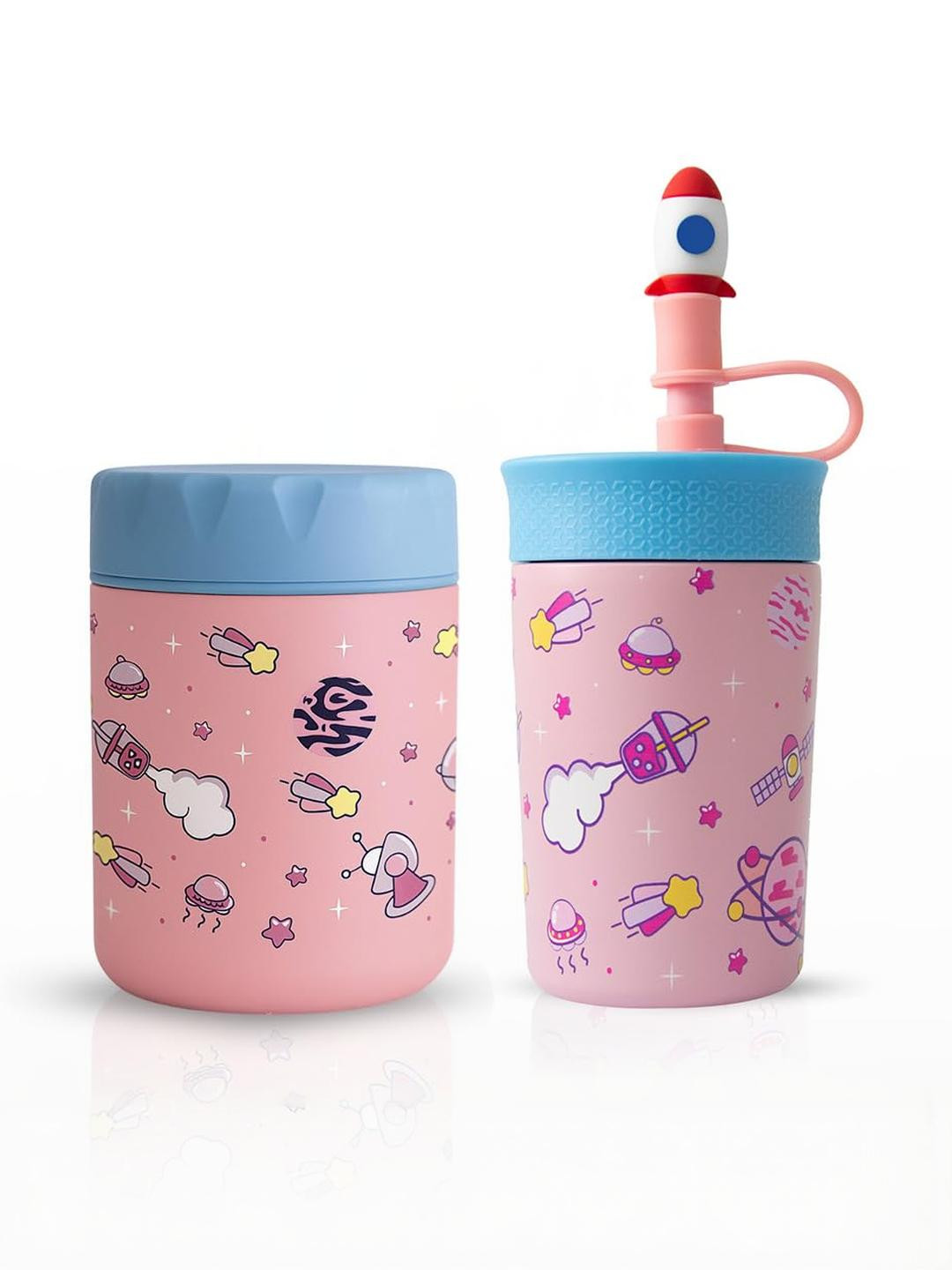ONE AND ONLY Pack of 2 Pink & Blue Printed Stainless Steel Tumbler & Jar