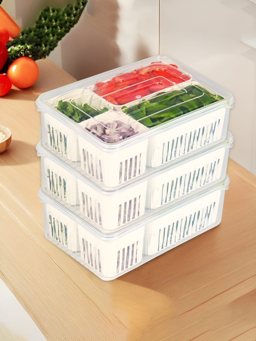 Myntra Elegant Homes White & Transparent 3 Pieces 4 Compartments Fridge Containers