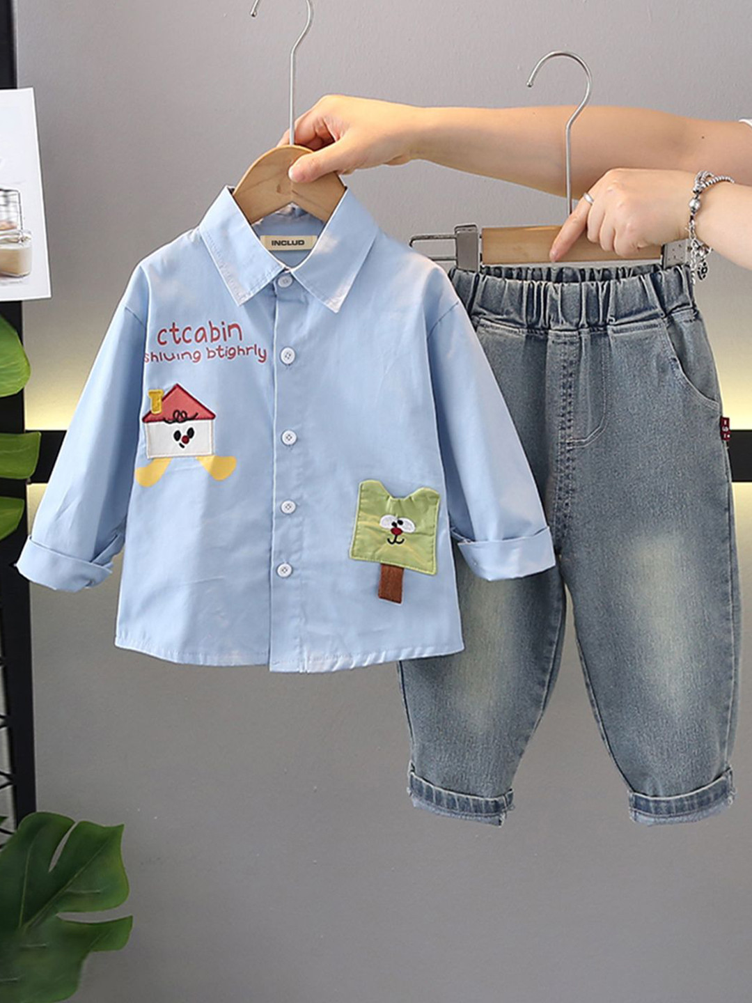 INCLUD Boys Cotton Printed Shirt With Denim Pants Set