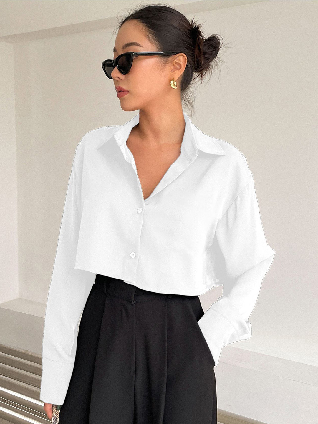 AAHWAN Women Solid Boxy Fit Casual Crop Long Sleeve Shirt