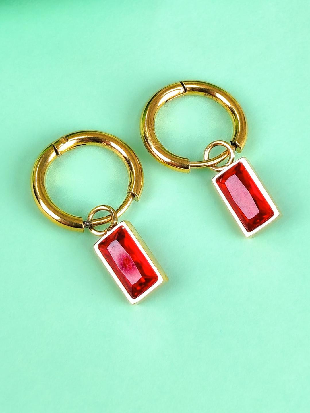 LOLO LePA Women Golden & Red Geometric Gold-Plated Stainless Steel Hoop Earrings