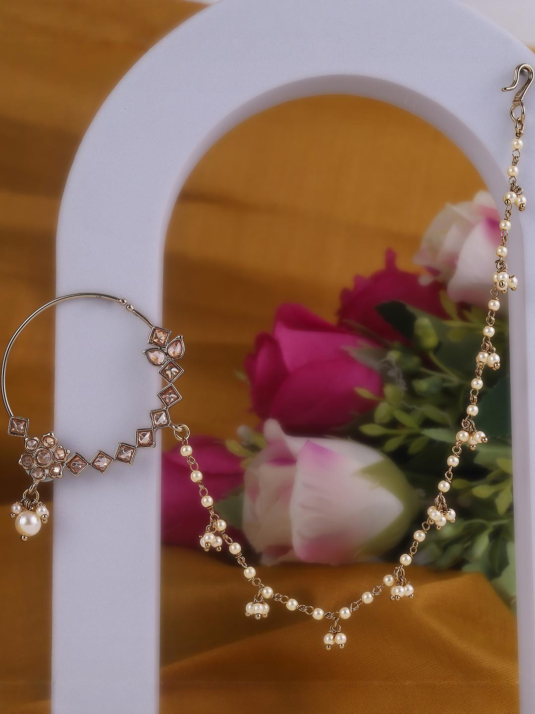 SALONI FASHION JEWELLERY Women Brown Gold-Plated Kundan Ring Nosepin