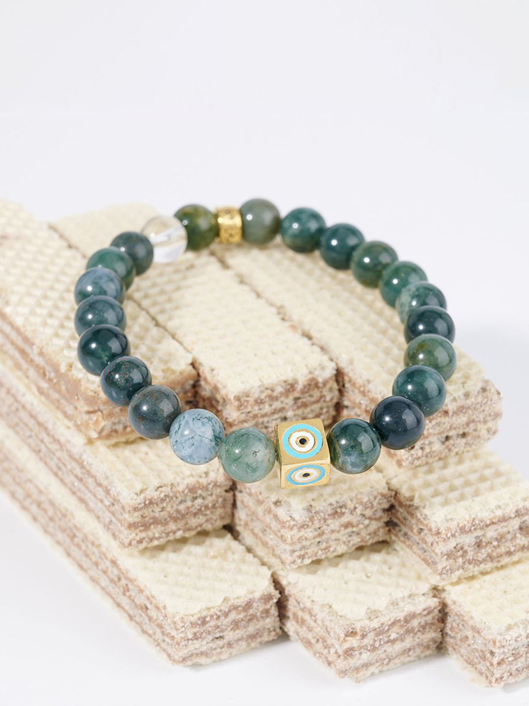 Stone Story By Shruti Unisex Sterling Silver Gold-Plated Moss Agate Beaded Bracelet