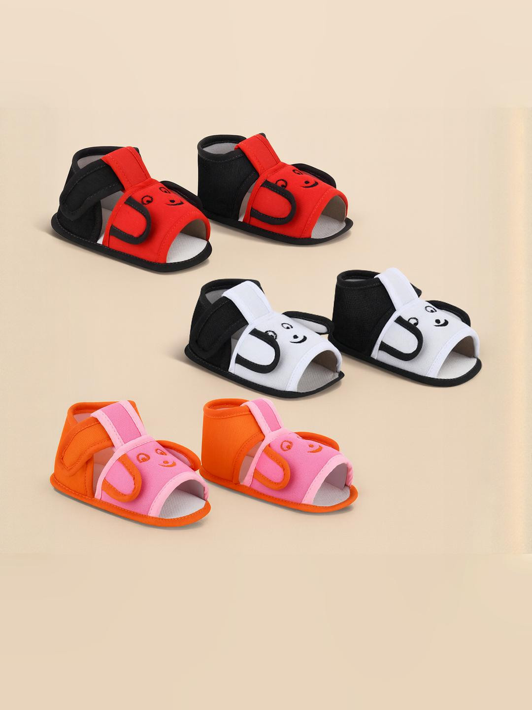 ONFEET Unisex Kids Set Of 3 Red & White & Pink Velco Cotton Booties