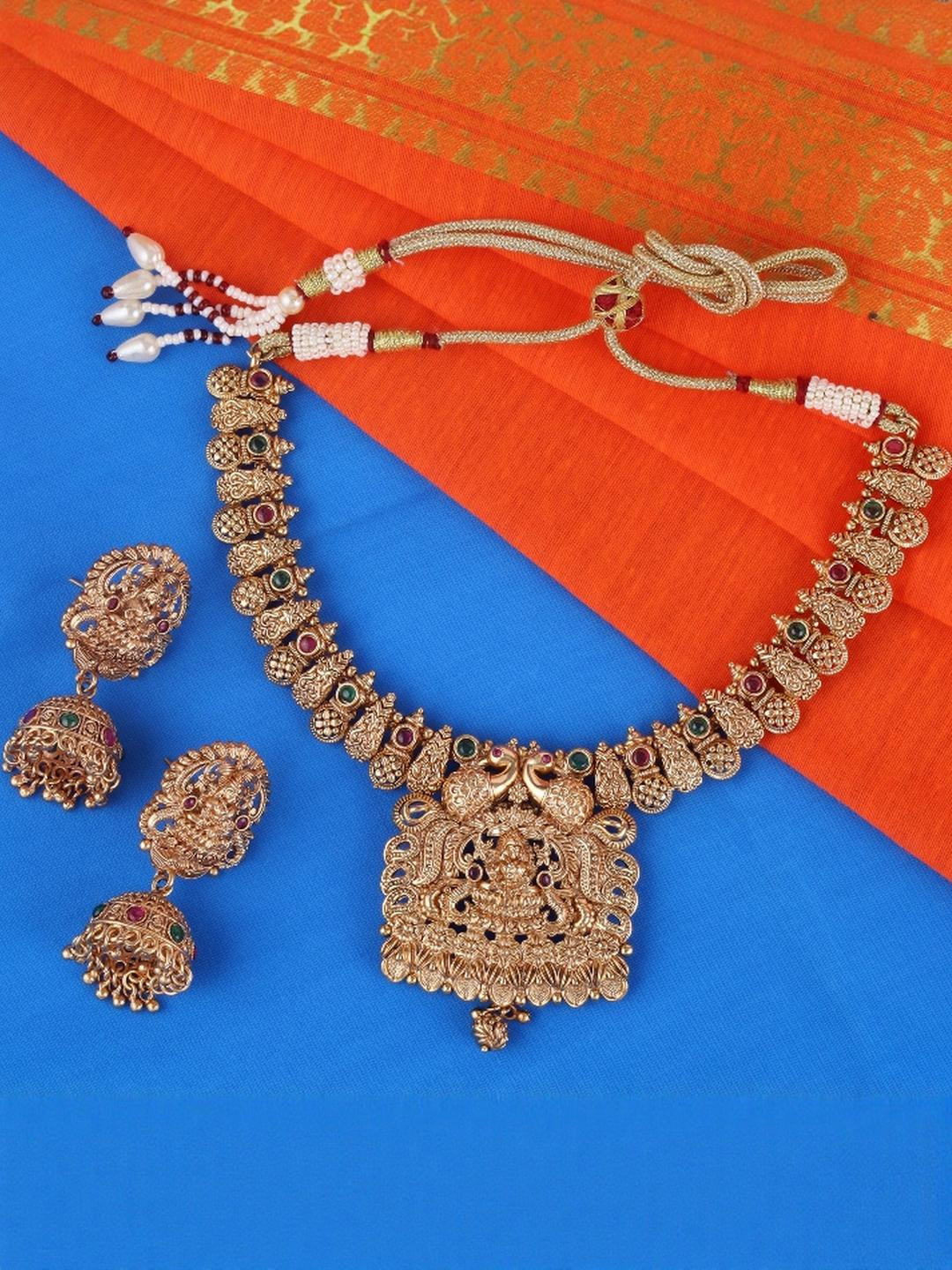 Saloni Fashion Jewellery Laxmi & Peacock Design Gold Plated Choker Necklace Set