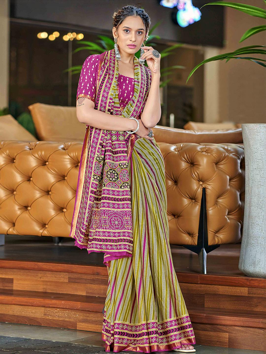 Peachmode Mehendi Green Striped Pure Mulmul Cotton Saree With Unstitched Blouse Piece