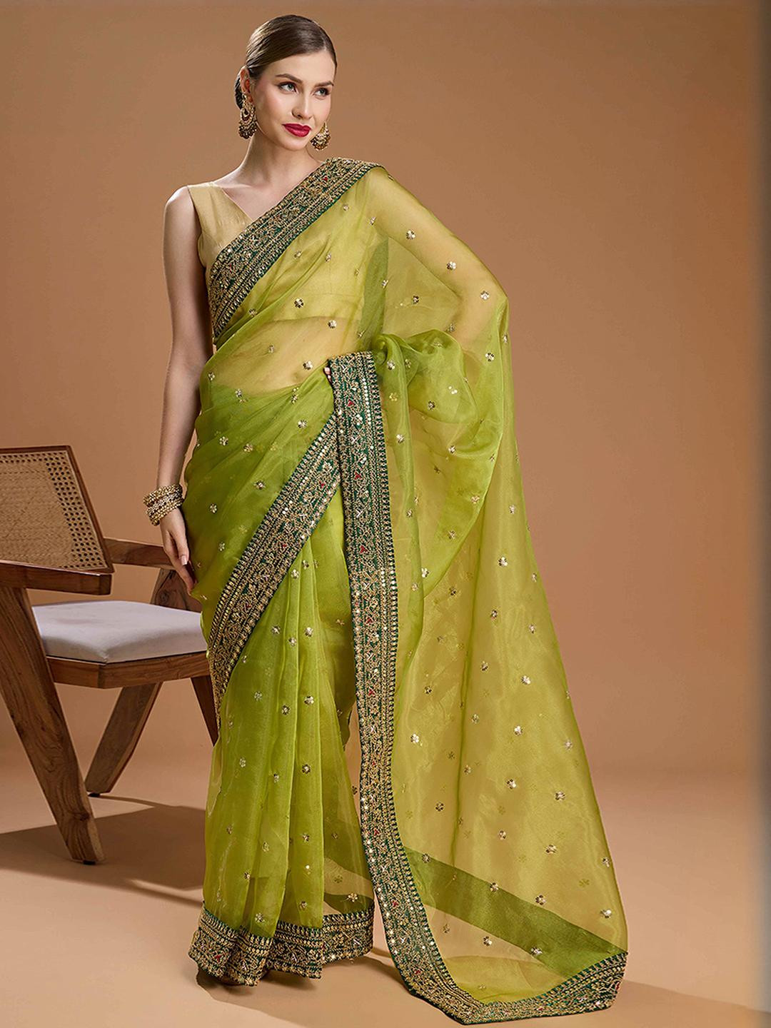 Peachmode Green Organza Embroidered Sarees