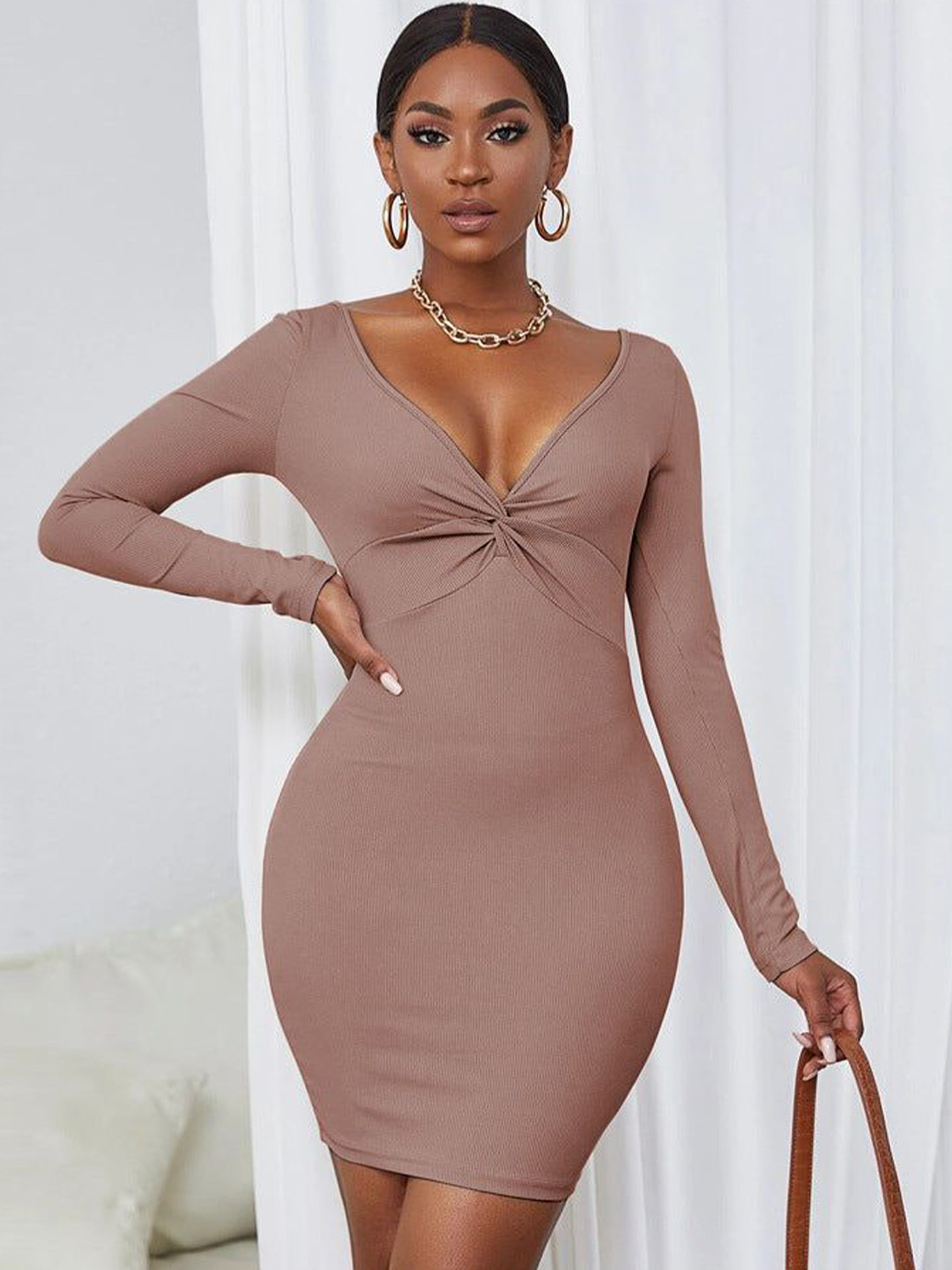 Nude Solid Plunge Neck Bodycon Mini Dress