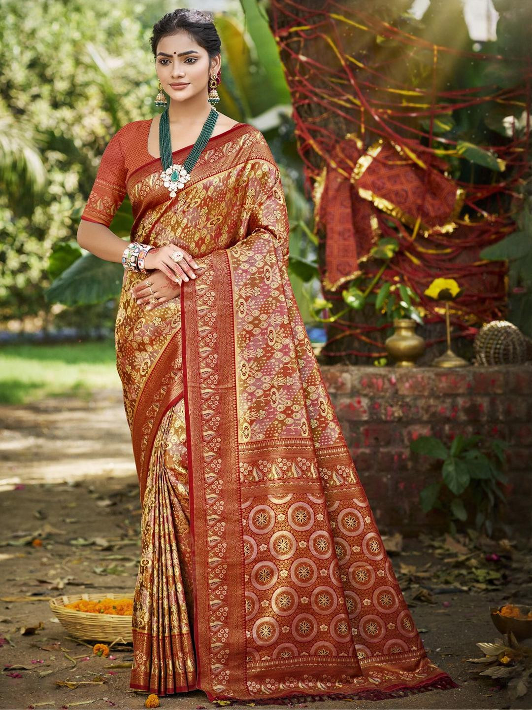 DEVATITHI Marron Woven Design Zari Dharmavaram Saree With Blouse