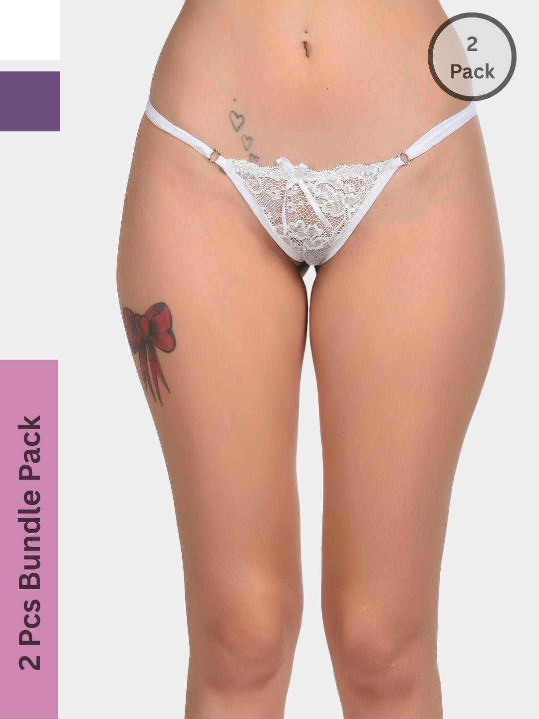 MYZA Pack Of 2 Microfiber Lace Mid-Rise Thongs Gstring Erotic Panty for women