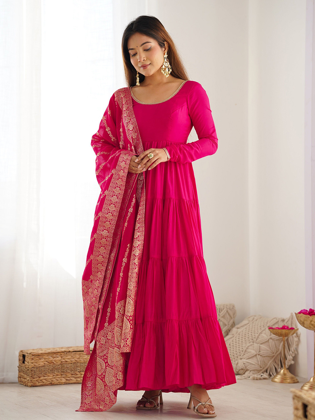 SWEETPEL Anarkali Kurta With Trousers & Dupatta